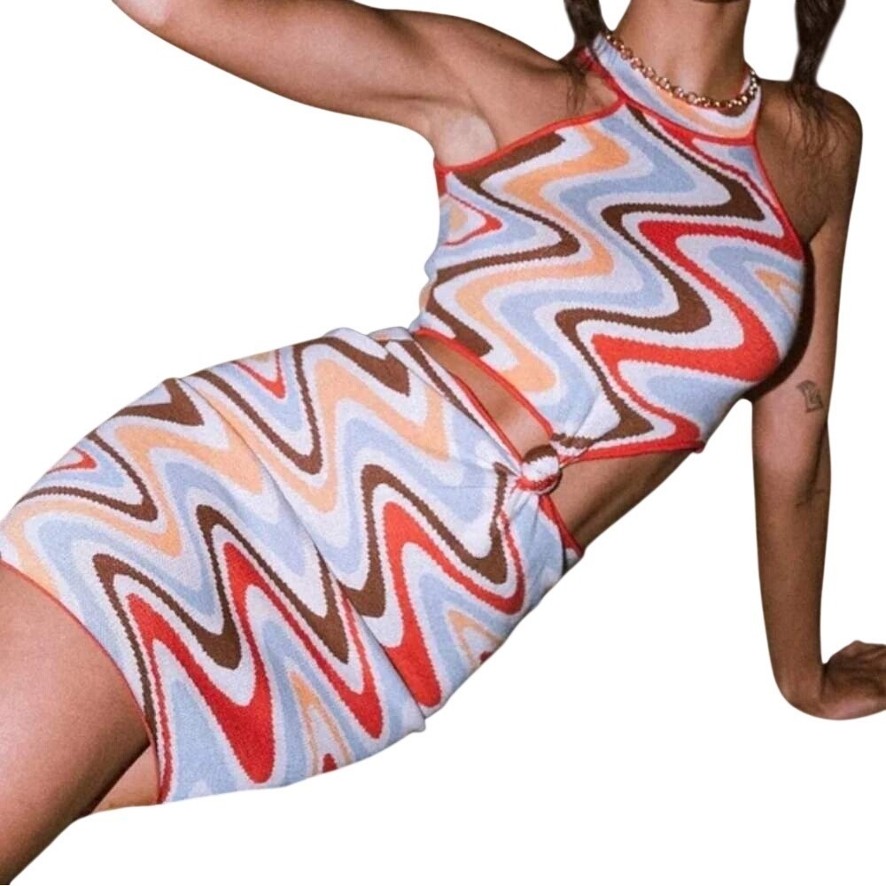 Princess Polly Mini Dress Women XS/S Multi Color Retro Wavy Knit Cutout Halter - Picture 2 of 11